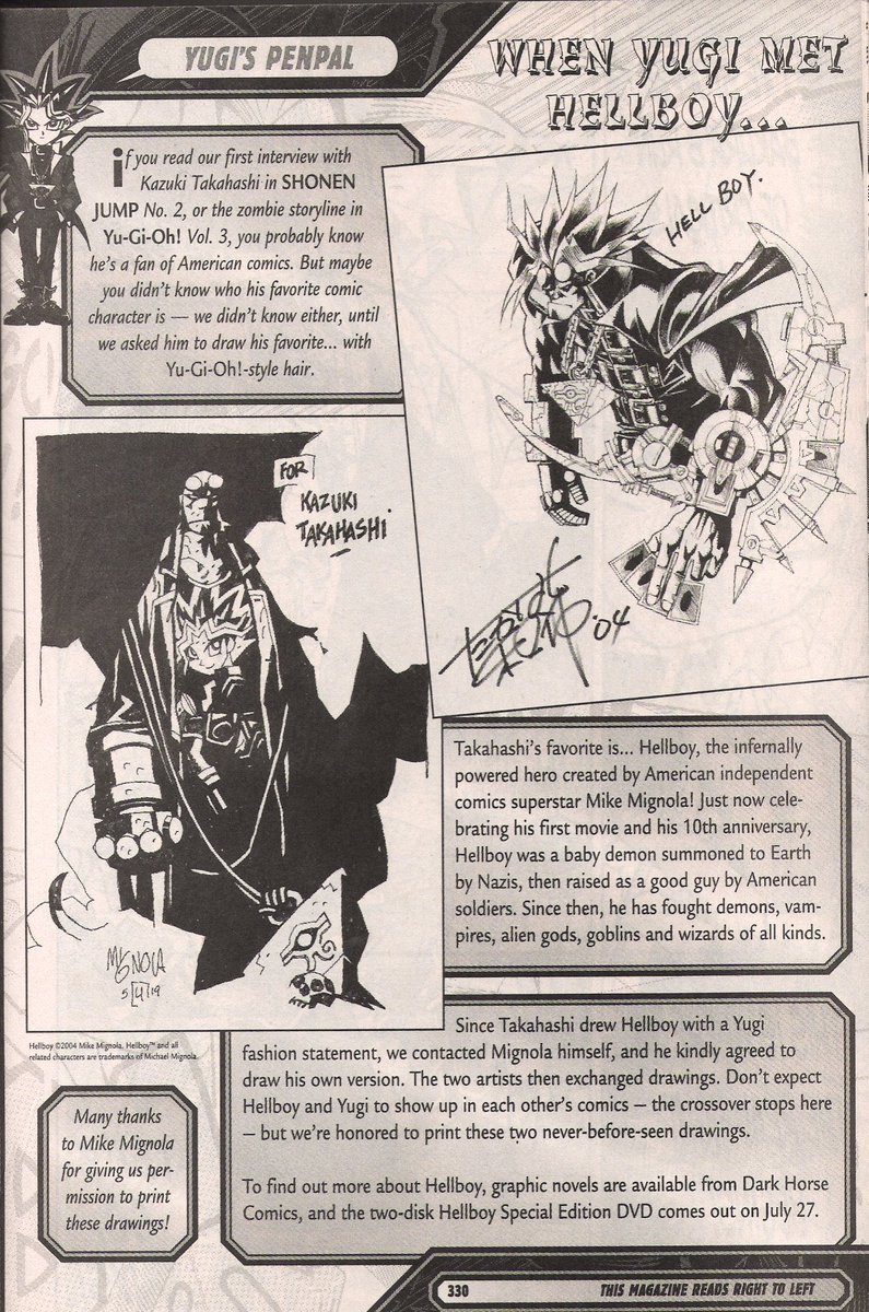 In Sept 2004, Takahashi did an art exchange with Mike Mignola, creator of Hellboy (Takahashi’s favorite American comic).