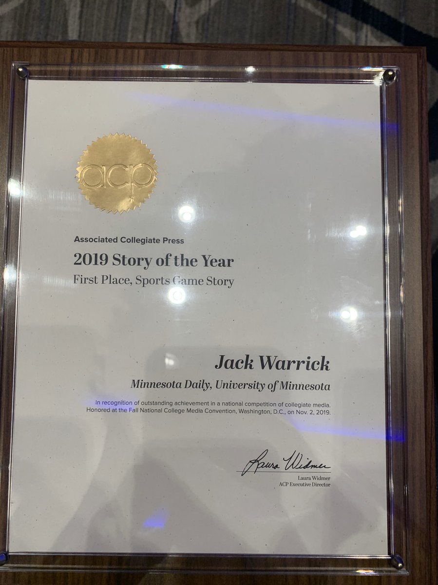Just in from Washington DC:

My guy <a href="/WarrickJack/">Jack Warrick</a> won the VERY BEST sports game story of the year from the <a href="/acpress/">Associated Collegiate Press</a> of his coverage of the #Gophers football team winning the Axe last November.