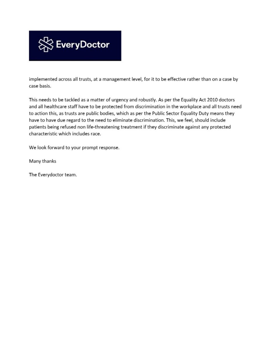 EveryDoctor (@everydoctoruk) on Twitter photo We have written to <a href="/MattHancock/">Matt Hancock</a> to highlight his totally inadequate response to unacceptable racism within the NHS.
We demand a ZERO tolerance policy on racism.
<a href="/siemaiqbal/">Siema Iqbal</a> <a href="/DrMusical/">Georgina Wood</a> <a href="/DrJessPotter/">Jess Potter</a> <a href="/runningchin/">Chinedu Nwokoro</a> <a href="/dhirhunter/">Rishi Dhir</a> We have written to <a href="/MattHancock/">Matt Hancock</a> to highlight his totally inadequate response to unacceptable racism within the NHS.
We demand a ZERO tolerance policy on racism.
<a href="/siemaiqbal/">Siema Iqbal</a> <a href="/DrMusical/">Georgina Wood</a> <a href="/DrJessPotter/">Jess Potter</a> <a href="/runningchin/">Chinedu Nwokoro</a> <a href="/dhirhunter/">Rishi Dhir</a>