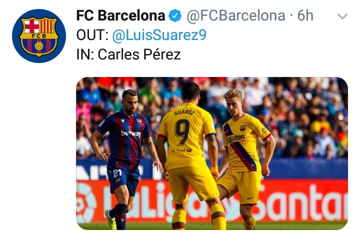 FcbHeadquarters's tweet photo. @FCBarcelona @LuisSuarez9 out #Perez in.
Whiles we have our second most expensive signing somewhere home and our first most expensive signing on loan.
We spend to hunt us, destroy us, ruin la Masia and hurt fans.
#Deadclub
#Deadboard
#Deadcoach
#valverde_out
#ValverdeDimision https://t.co/mmWgSWp7UP