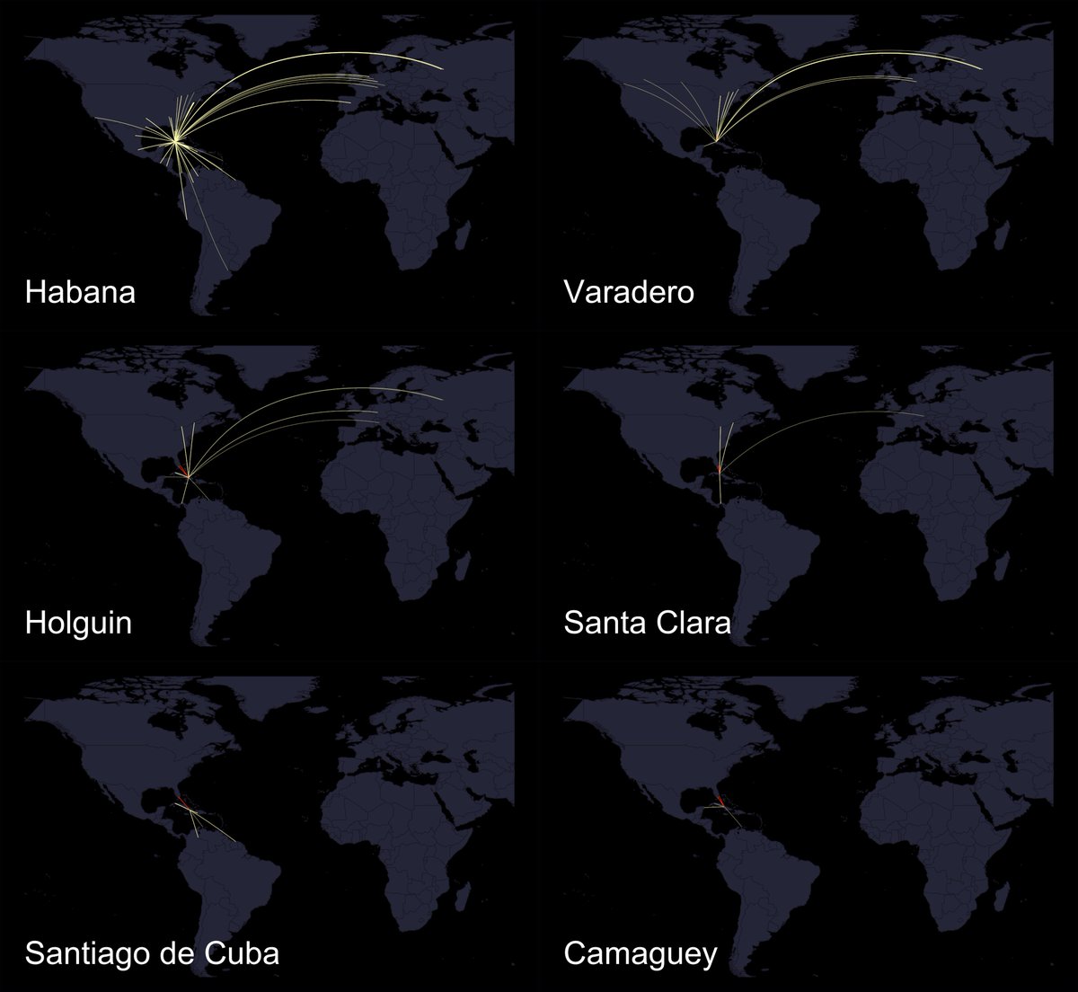 Starting in Dec, the US will ban flights to all Cuban cities except Havana.

Created this #dataviz with all direct flight destinations from #cuba's major airports, canceled routes are displayed in red