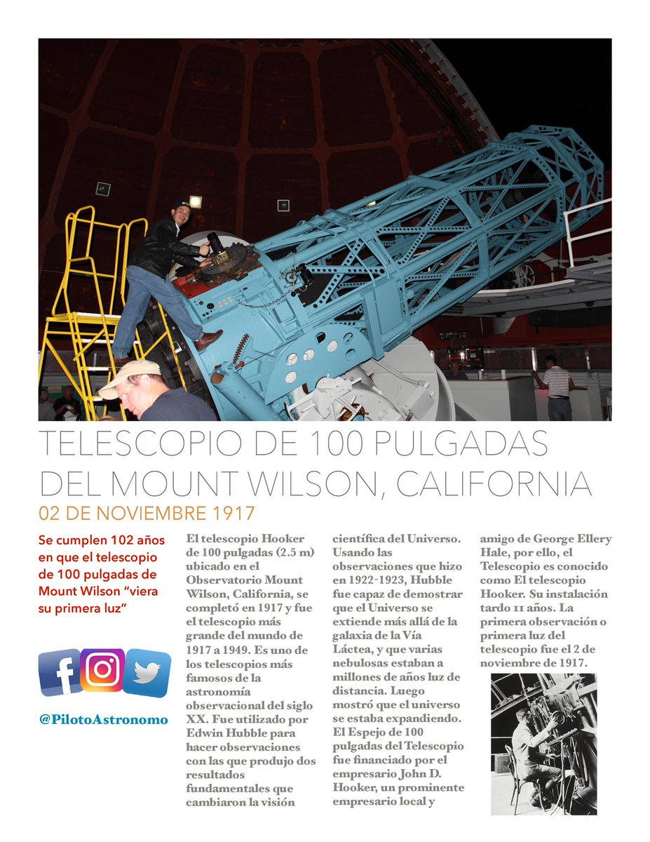 02 de noviembre de 1917
Se cumplen 102 años en el que el telescopio de 100 pulgadas del Monte Wilson, California viera su primera luz.
#mountwilson #mountwilsonobservatory #montewilson #telescopio #telescope #california #pasadena #pasadenacalifornia