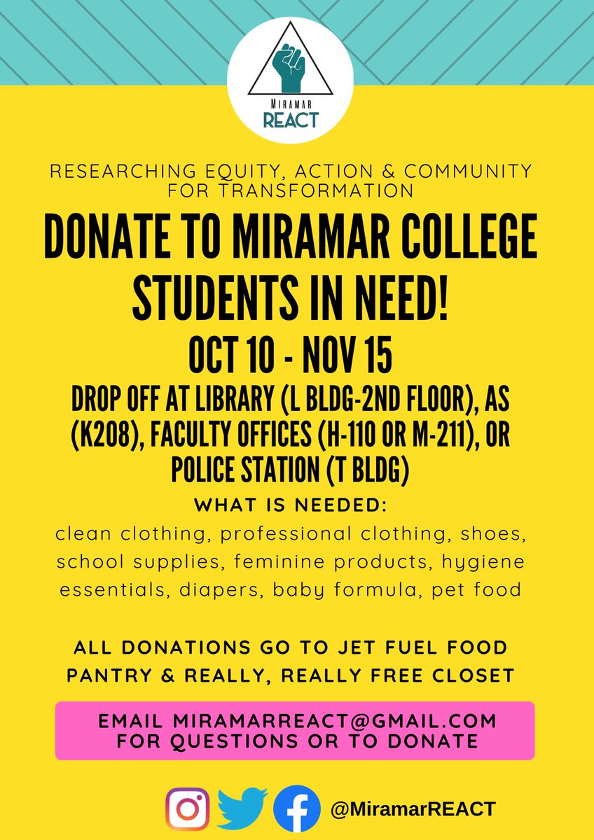 MiramarReact's tweet image. ⚠️ Two weeks left to donate! ⚠️
A massive THANK YOU for all of the donations we have received so far! We love seeing our college community come together for our students in need. 🥫🧼🛍
Drop-off Locations and Items Needed are listed here: