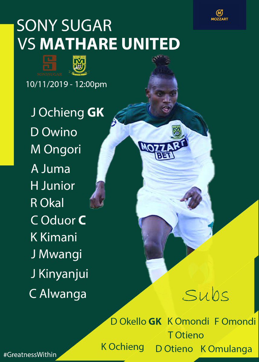 MathareUtd's tweet photo. Here is how we line-up against Sony Sugar with no changes made to the squad that won against Gor Mahia on Wednesday.
#KPL #SONMU #GreatnessWithin https://t.co/2hhlIpCsjb