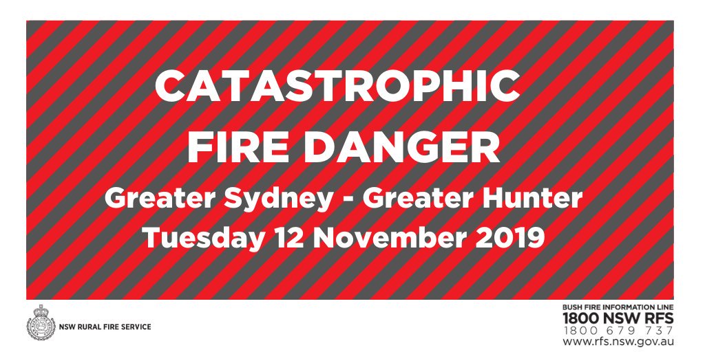 NSWRFS's tweet image. CATASTROPHIC FIRE DANGER - Catastrophic fire danger now forecast for Greater Sydney and Greater Hunter areas on Tuesday. Large areas of state expected to see Severe or Extreme fire danger. Know what to do to reduce your risk.  rfs.nsw.gov.au/news-and-media… #nswrfs #nswfires #alert