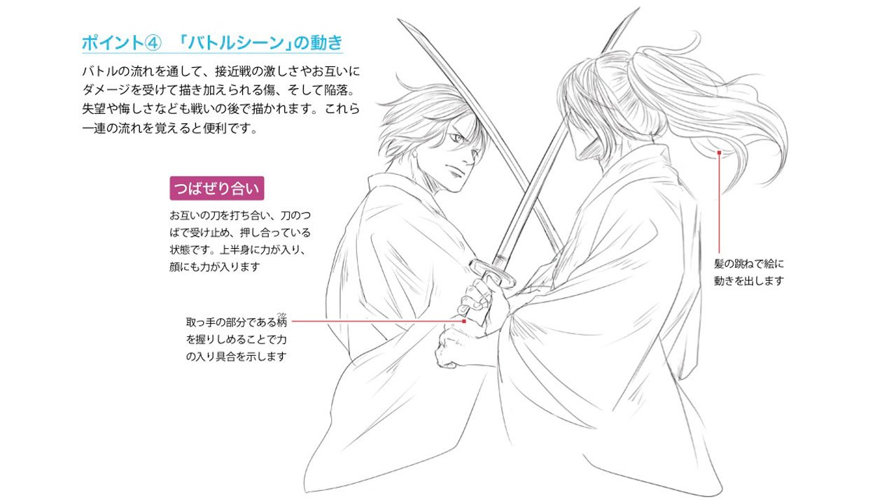 玄光社 超描けるシリーズ 超描ネタ帳 剣士が刀 を交わすときは お互いに押し合っている状態なので 力んでいる描写を心がけましょう また髪の跳ねがあることで 躍動感のある描写になります つよ丸さん Tsuyomaru1a 著 色気のある男の 描き方