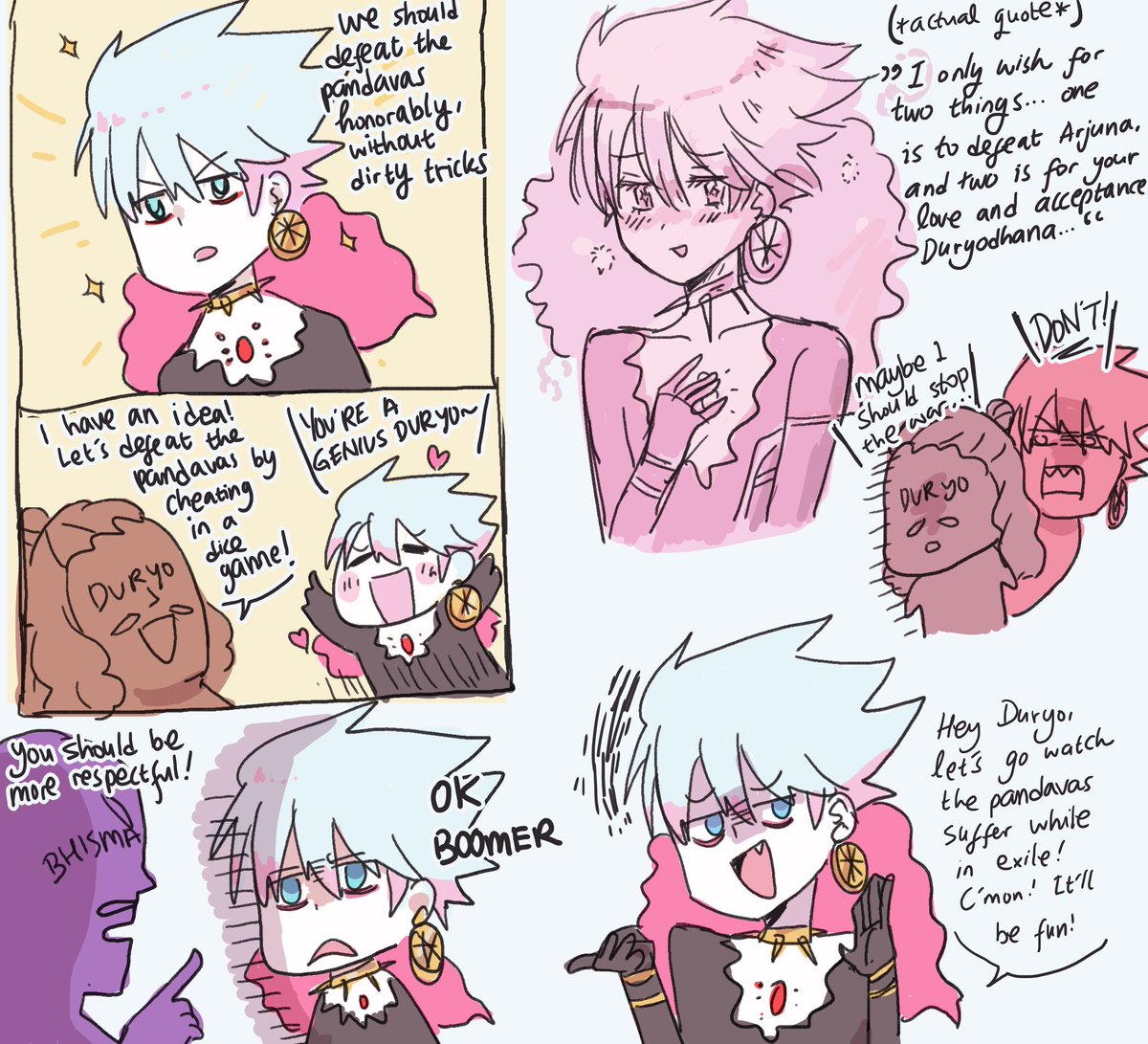 While reading the Mahabharata, I really can't imagine FGO!Karna doing all the stuff that MHB!Karna did, so I drew some memorable scenes to help me visualize it. They feel like completely different characters 