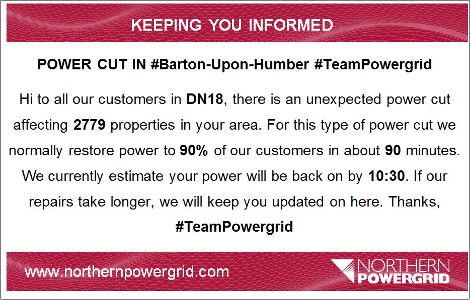 Northpowergrid's tweet image. Power Cut In #BartonUponHumber #DN18 #TeamPowergrid