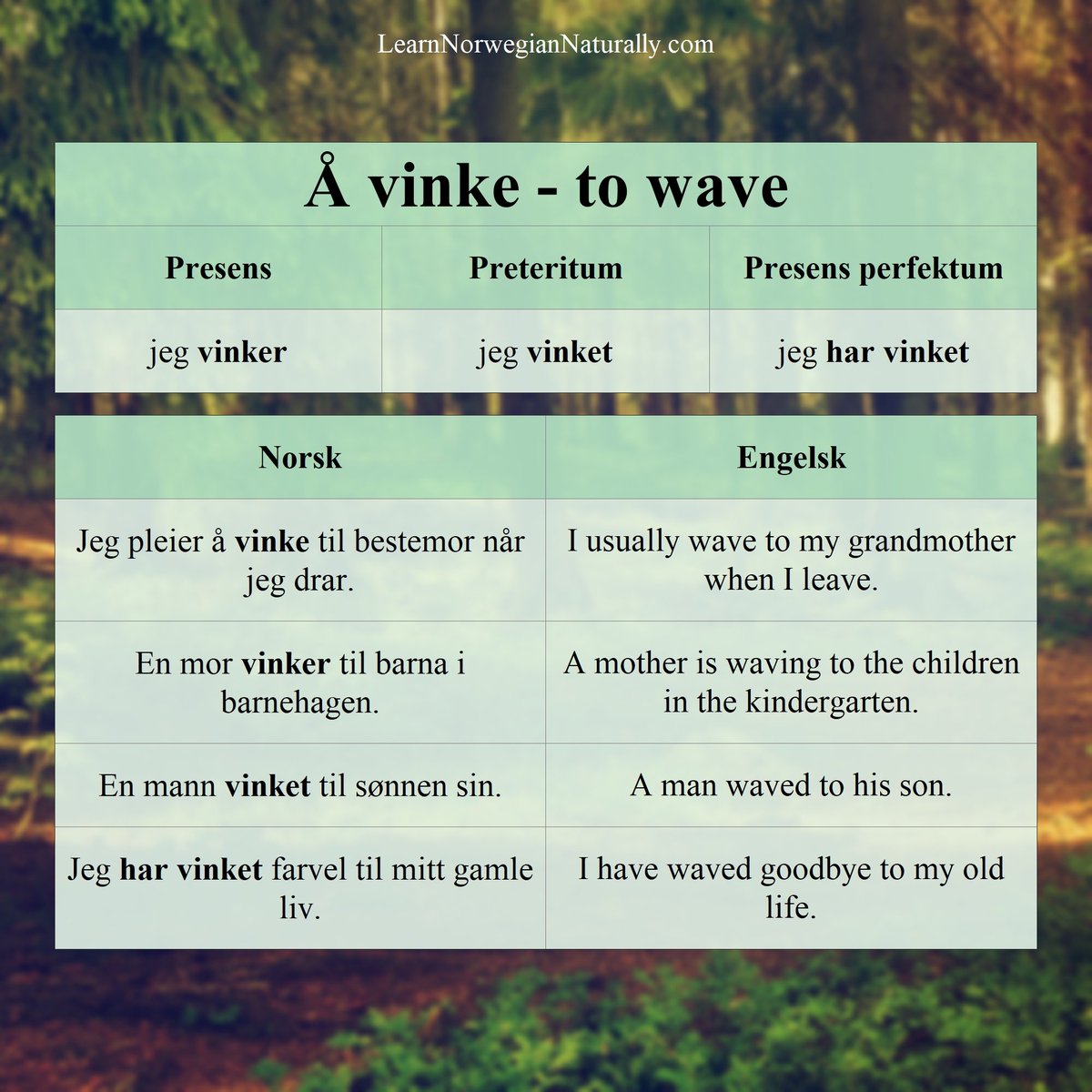 LearnNorweg's tweet photo. Norwegian verb of the day: "Å vinke" = "to wave"
Instagram: https://t.co/YAG5GXHlMz
#learnnorwegian #norwegian #norwegianlanguage #norsk #lærnorsk #norway #education #tutorial #verb #linguistics #languagelesson #norge #lærenorsk #norwegiancourse #norwegianclass https://t.co/V5wzSLxAsO
