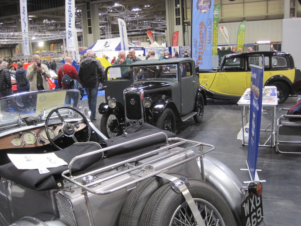 pre1940triumph's tweet photo. Three of our members are representing the club at @ClassicMotorNEC this weekend. Why not come and visit us in Hall 3 where we have a 1928 Super Seven Hoyal, a 1937 Gloria 14/60 Southern Cross, and a 1937 Gloria Fourteen Six-Light Saloon. https://t.co/g3GzIXUd0n
