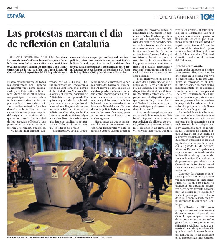 Si hay 300 actos masivos y pacíficos y una manifestación dónde cruzan unos containers, ¿qué foto elegirá <a href="/el_pais/">EL PAÍS</a> para representar la totalidad? 

- ¿Cuál es la imagen qué buscan?   
- ¿Cuál es la que no les gusta? 
   Pues eso...😉