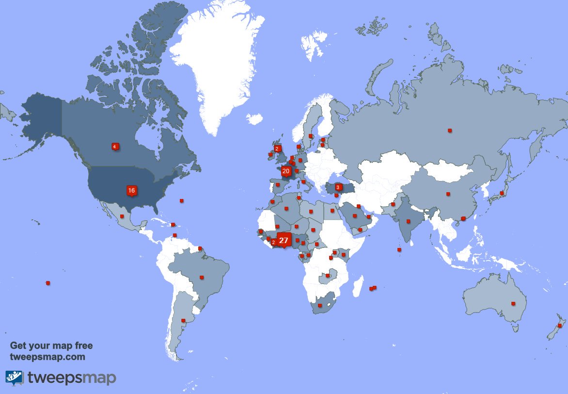 Merci beaucoup à mes 8 nouveaux abonnés qui vivent en: Sénégal, et plus la semaine dernière. tweepsmap.com/!CrosbyQUIST