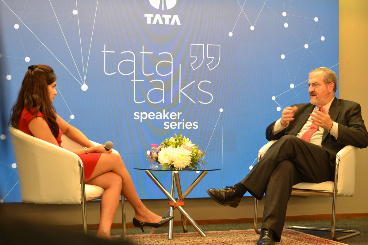 At Bombay House, headquarters for <a href="/TataCompanies/">Tata Group</a>, one of the biggest Indian conglomerate, #umich president Mark Schlissel participated in Tata talks, a Ted Talk style conversation over a wide range of topics with their chief economist Rupa Purushothaman. myumi.ch/VP9mQ
