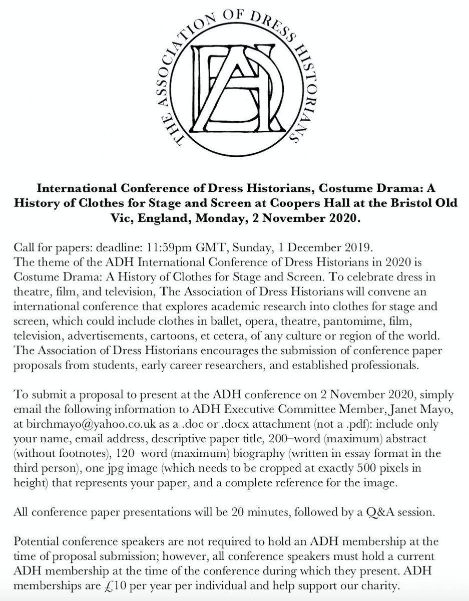 DressHistorians's tweet image. CFP: Our 2020 International Conference of Dress Historians, Costume Drama: A History of Clothes for Stage and Screen, will be held on 2nd November 2020 in Bristol, England. The CFP deadline is 1st December 2019. Please see below for more information: dresshistorians.org/cfp/