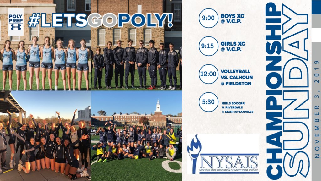 PolyBlueDevils's tweet photo. Sunday is a super exciting day for Poly Prep Athletics!!! NYSAIS Championship Schedule: 9:00 Boys XC Race @ Van Courtlandt Park, 9:15 Girls XC Race @ Van Courtlandt Park, 12:00 Girls 🏐 vs. Calhoun @ Fieldston, 5:30 Girls ⚽️  v. Riverdale @ Manhattanville College. #letsgopoly! https://t.co/vdIK4JSgY8