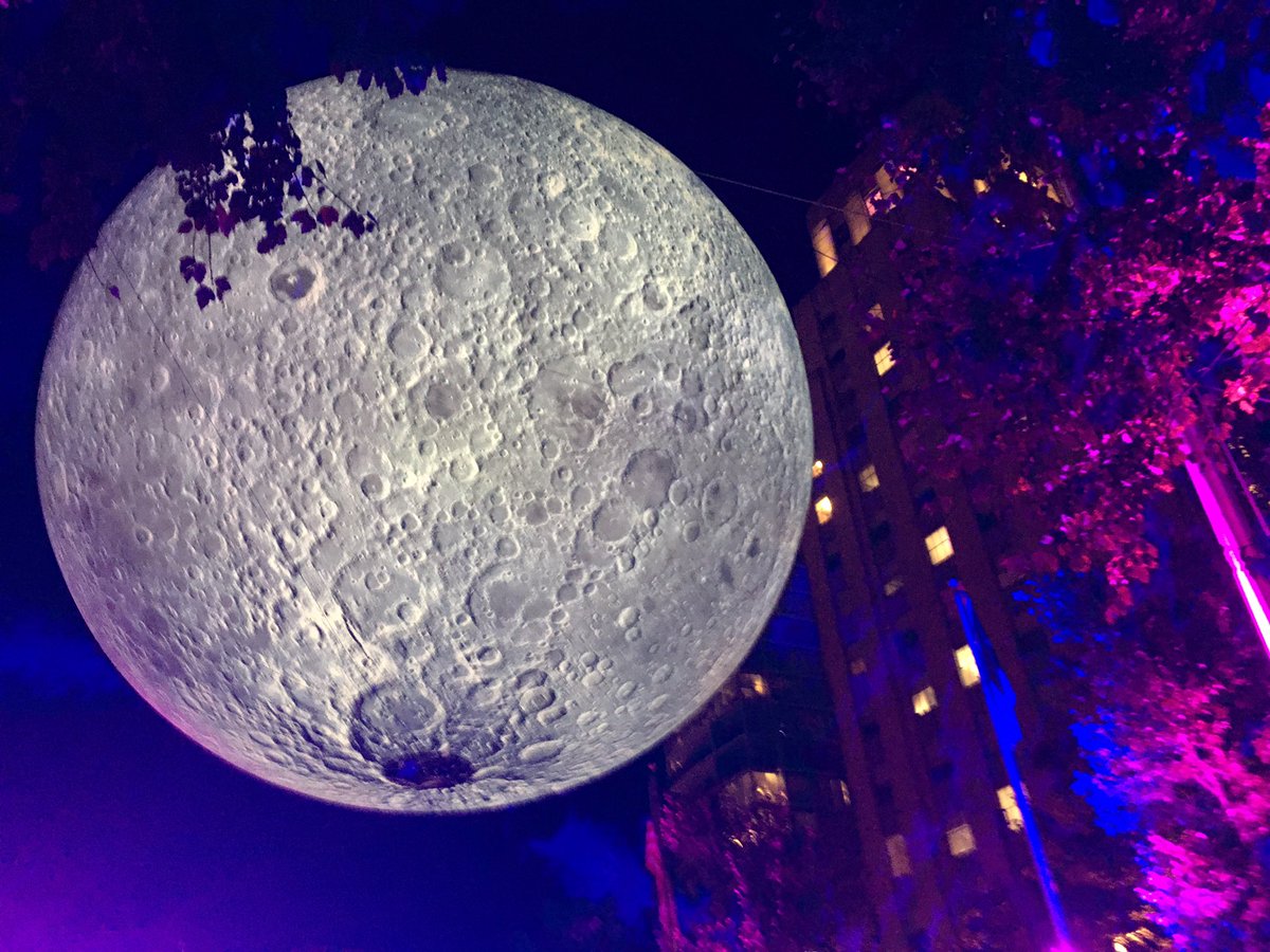 dbarman's tweet photo. Very nice few night @lukejerram moon #bullmoonrising exhibit by #majorBull sculpture by @parlourdurham @DurhamNC - lot of people celebrating and dancing to DJ’s music - fun! Durham’s 150th and moon landing’s 50th anniversaries! https://t.co/1xcYIVzBSg