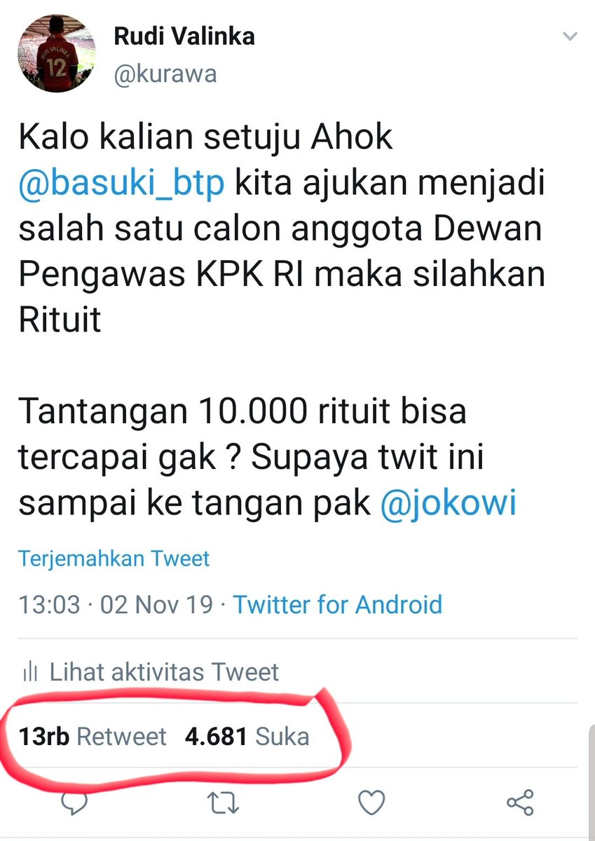 Wahh sudah tembus 13 ribu lebih rituit, netizen yang meminta ke pak <a href="/jokowi/">Joko Widodo</a> agar mempertimbangkan <a href="/basuki_btp/">Basuki T Purnama</a> dapat diajukan menjadi salah satu dewan pengawas KPK ..

Terima kasih !!