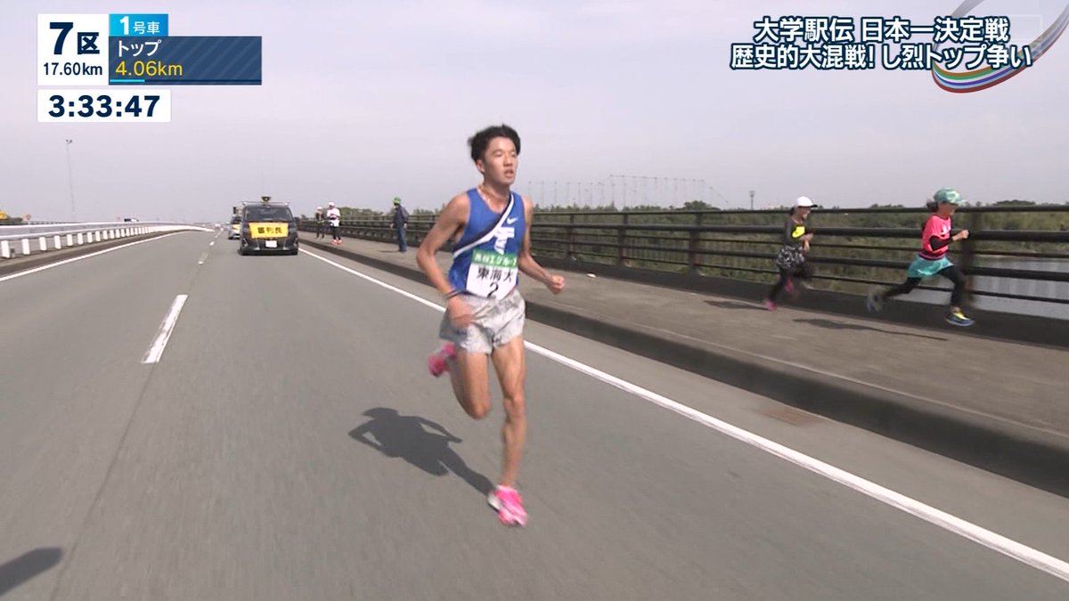 ワトソンくん 首位を走る東海大 の横を走る女の子たち 全日本大学駅伝 ワトソンくん 首位を走る東海大 の横を走る女の子たち 全日本大学駅伝