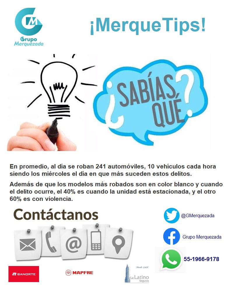 GMerquezada's tweet image. ¿Sabes cuantos autos se roban al día? ¿Que color de carro es el que mas se roban? ¡Lee este #merquetip #seguros #aseguradoras #segurosdevida #segurosdeviaje #segurosdeautos #segurosdeauto #segurosvida #seguroshogar #brokerseguros #riesgo #auto #aseguradora