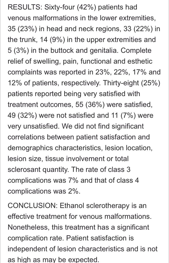 Outcomes &amp; patient satisfaction with #VenousMalformation #Sclerotherapy using Ethanol reported in new <a href="/CVIR_Journal/">CVIR Journal</a> paper. Complete relief of swelling in 23% &amp; pain in 22%. But 7% grade 3 &amp; 2% grade 4 complications. ncbi.nlm.nih.gov/m/pubmed/31538… Is ethanol really a good agent for a VM?