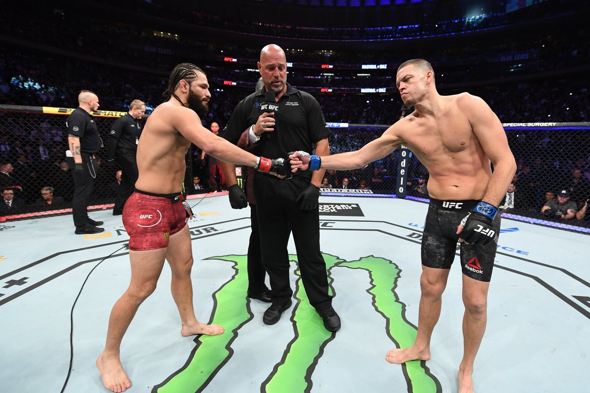 Jorge Masvidal beats Nate Diaz by TKO (doctor’s stoppage) going into round 4.

Doctor stopped the fight due to Diaz’s cut over his eye.