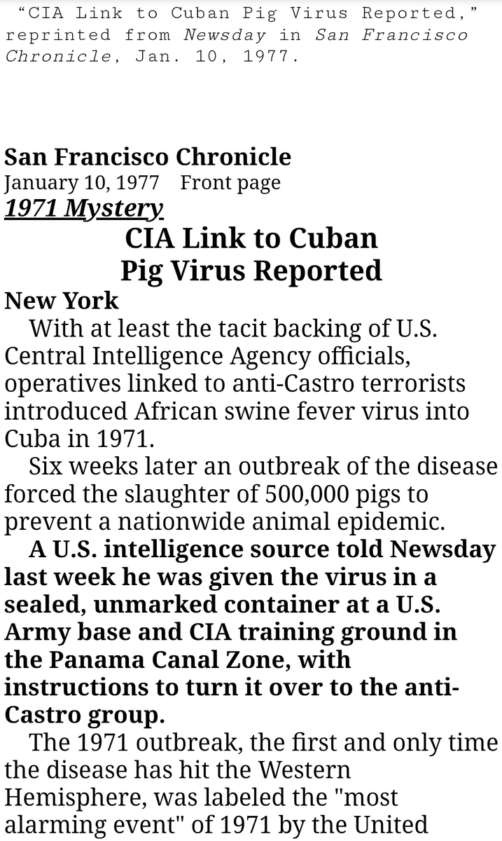 SF Chronicle front page, 1977: "With at least the tacit backing of [CIA] officials, operatives linked to anti-Castro terrorists introduced African swine fever virus into Cuba in 1971." h/t TundeWilliamsDC  https://mobile.twitter.com/keatssycamore/status/1190819418240102400
