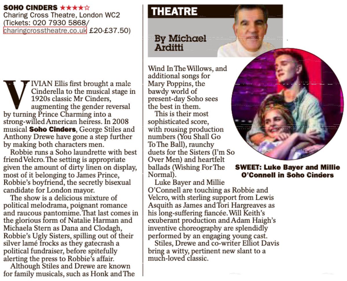 Kevin Wilson 💙 (@kevinwilsonpr) on Twitter photo ★★★★ SOHO CINDERS The Sunday Express "This is <a href="/StilesandDrewe/">Stiles and Drewe</a>'s most sophisticated score... <a href="/Will_Keith/">W I L L K E I T H</a>'s exuberant production and <a href="/adamhaigh0/">Adam Haigh</a>'s inventive choreography are splendidly performed by an engaging young cast" <a href="/SohoCindersLDN/">Soho Cinders</a>
<a href="/CharingCrossThr/">CharingCrossTheatre</a> ★★★★ SOHO CINDERS The Sunday Express "This is <a href="/StilesandDrewe/">Stiles and Drewe</a>'s most sophisticated score... <a href="/Will_Keith/">W I L L K E I T H</a>'s exuberant production and <a href="/adamhaigh0/">Adam Haigh</a>'s inventive choreography are splendidly performed by an engaging young cast" <a href="/SohoCindersLDN/">Soho Cinders</a>
<a href="/CharingCrossThr/">CharingCrossTheatre</a>