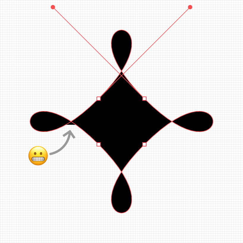 Self intersecting bézier paths are a good test of design tools. In this example, a single segment loops back through itself. Four loops make up the full shape. Note that Illustrator doesn’t draw it perfectly.