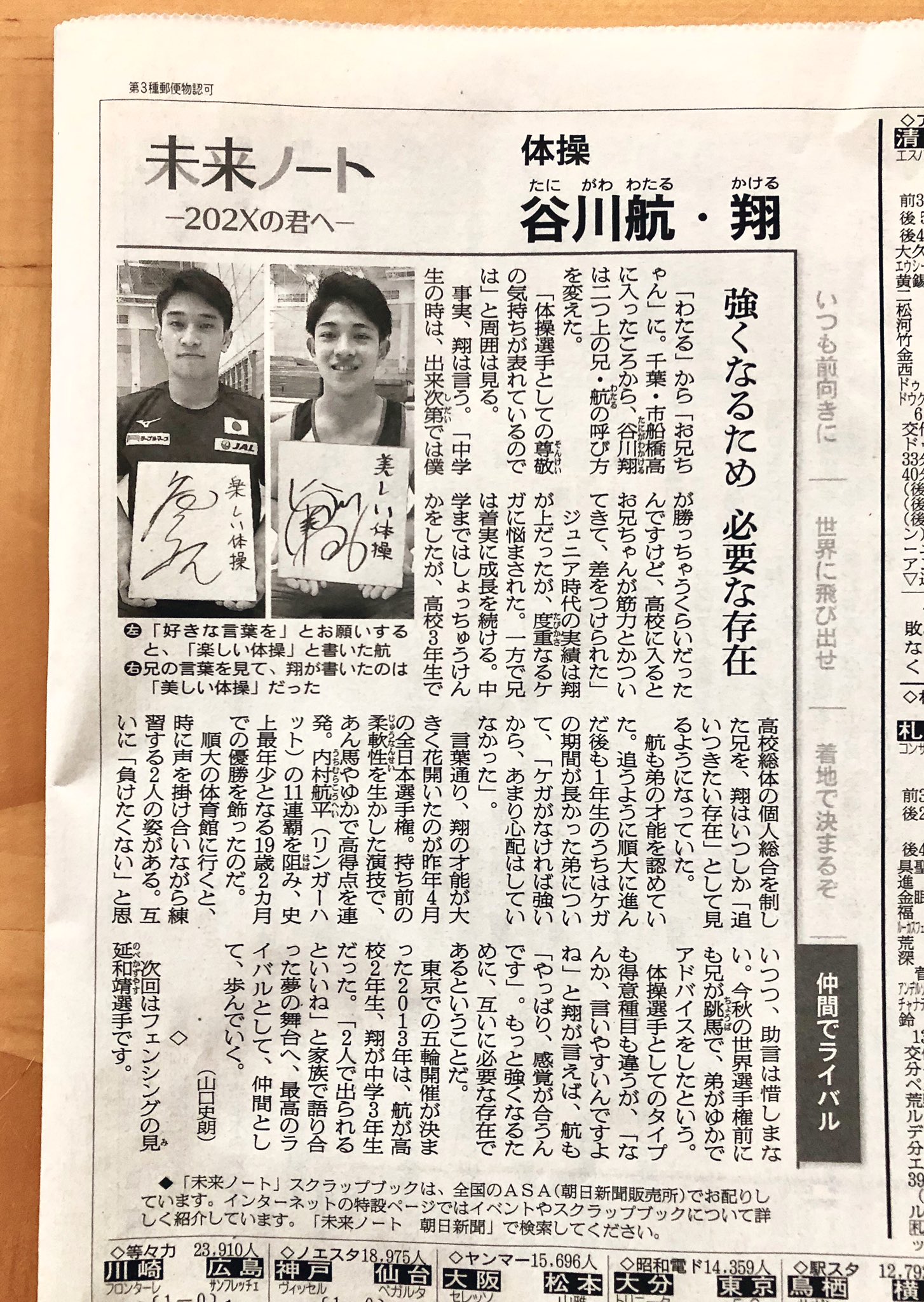 さつきなつ 朝日新聞 11 3 未来ノート 2xの君へ 体操 谷川 航 翔 仲間でライバル 4回連載の最終回です お兄ちゃん の意味 毎回あたたかい気持ちになった 素敵な連載でした T Co Glqsurcd2s Twitter