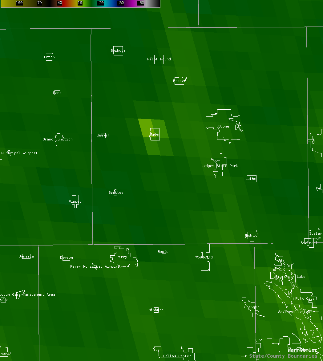 The grocery store fire in <a href="/Ogden_Iowa/">OgdenIowa</a> was hot enough to display on GOES-16 satellite imagery. This image was from 9:36pm CDT. The brighter, yellow colors depict the satellite sensing warmer temperatures. #iawx