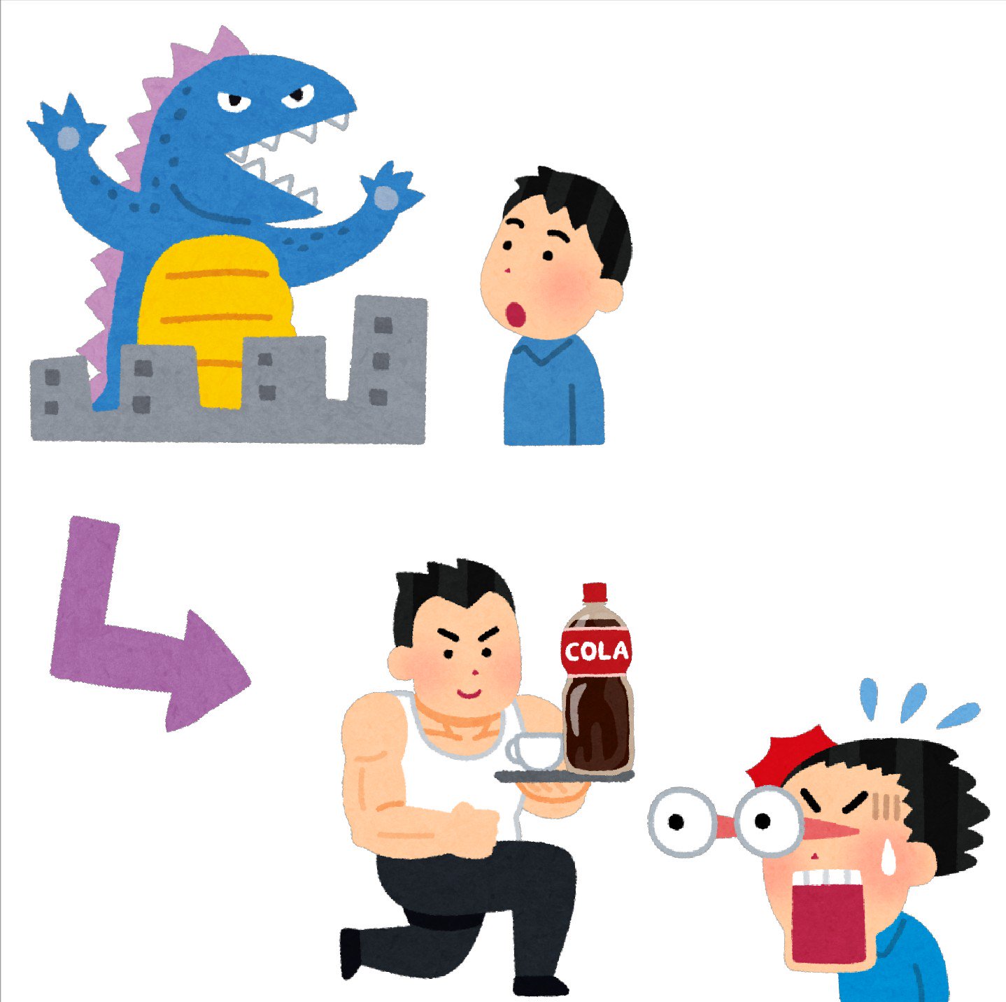 まいチクをいらすとやで再現 再現難易度 使ったイラスト 6枚 怪獣のイラスト 青 上を見上げる人のイラスト 男性 矢印の イラスト 直角 マッチョな店員のイラスト ペットボトルのコーラのイラスト 驚いて目が飛び出る人