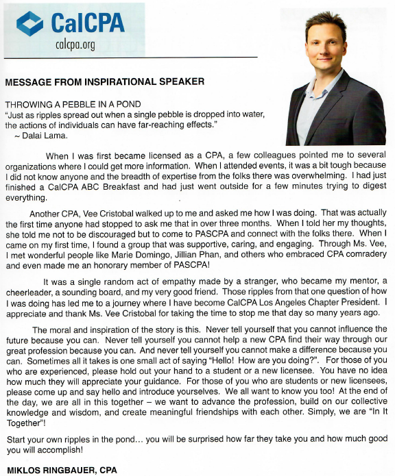 MiklosCPA's tweet image. I deeply appreciate the gracious invite as an inspirational speaker representing @Cal_CPA #LAChapter at @pascpaLA’s 33rd Anniversary &amp;amp; Induction celebration tonight! Keep building up PASCPA by reminding members that we are “In It Together”!