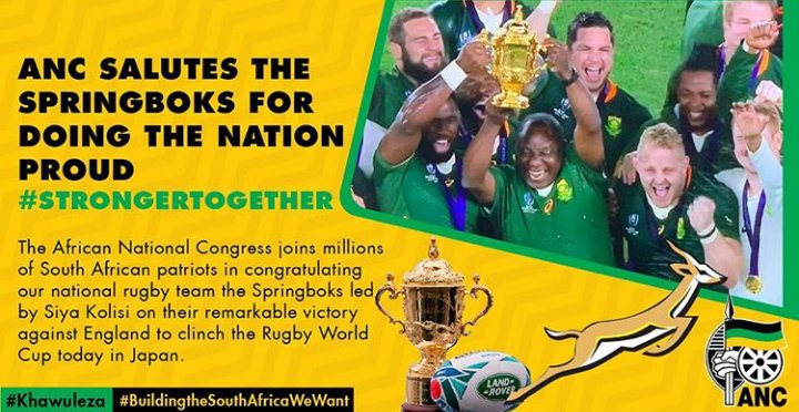 ujdfc's tweet photo. Our national pride AMABHOKOBHOKO- gave true meaning to the rallying call.

#proudlysouthafrican #springboks #bokke #rwc2019 #champions #siyakolisi #amabhokobhoko #myanc #unity #victory #southafrica #black #RWCFinal2019 #SpringbokChampions 
#UntilMonday #Zuma #ndlozi #PrinceHarry https://t.co/Qyqp9UqRhT