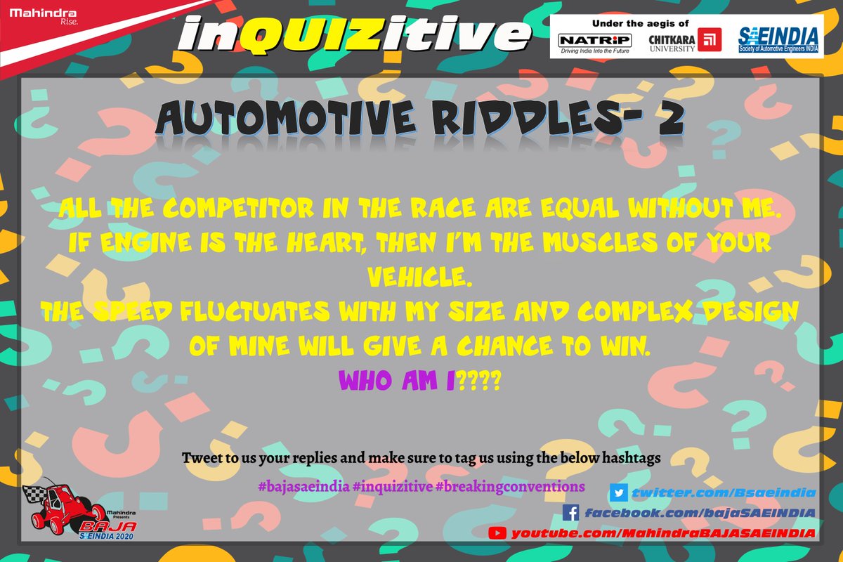 BAJASAEINDIA's tweet photo. Teams!!

The final question of inQUIZitive 3.0 series is here. 
Answer the question within next 24 Hrs and get a chance to win exciting prizes!!

#bajasaeindia #inquizitive #breakingconventions https://t.co/afVNVxuUxz