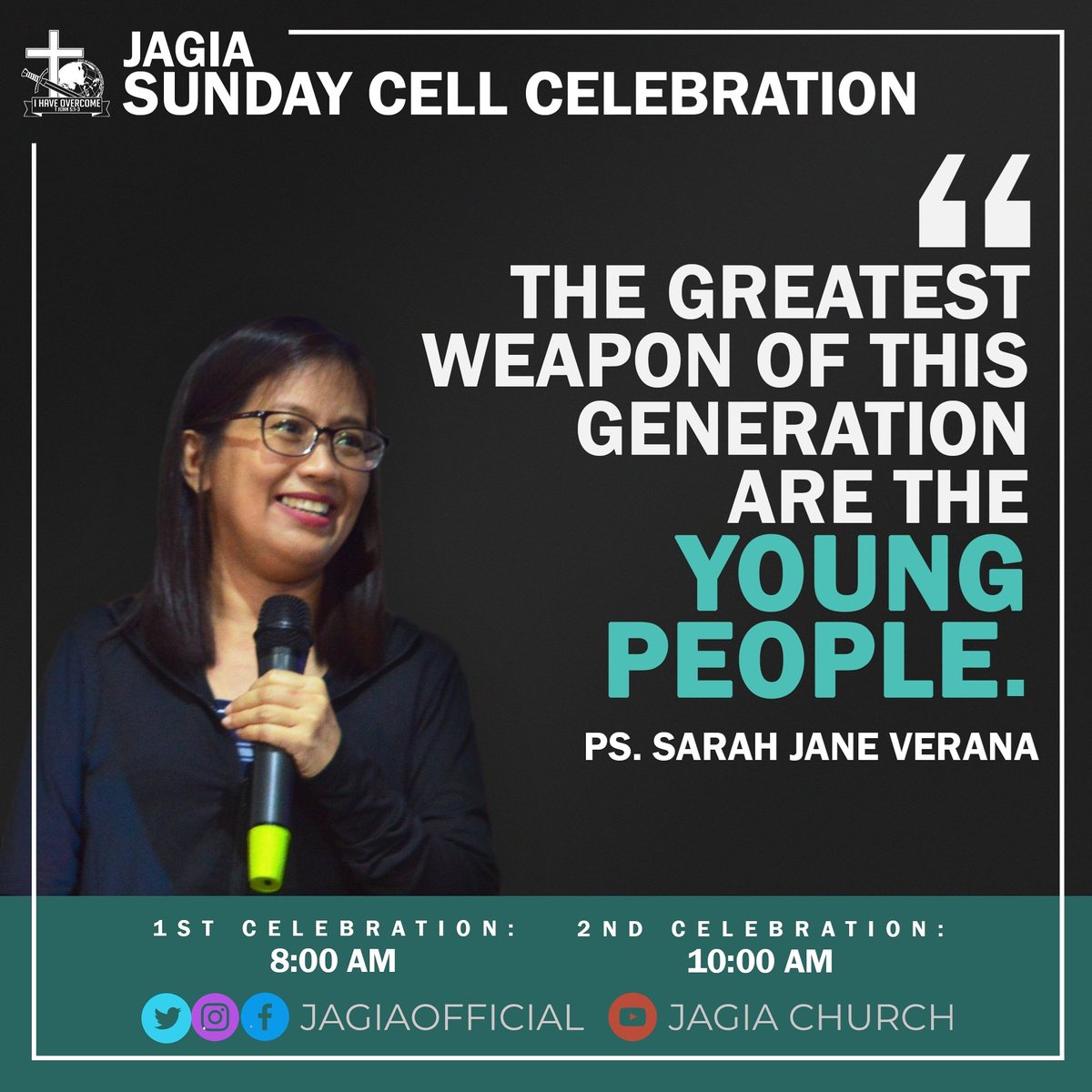 jagiaofficial's tweet photo. "The greatest weapon of this generation are the young people." - Ps. Sarah Jane Verana
#JAGIASundayCellCelebration
#KeepersOfTheGate
1st Celebration - 8AM
2nd Celebration -10AM https://t.co/29kDszyrR5