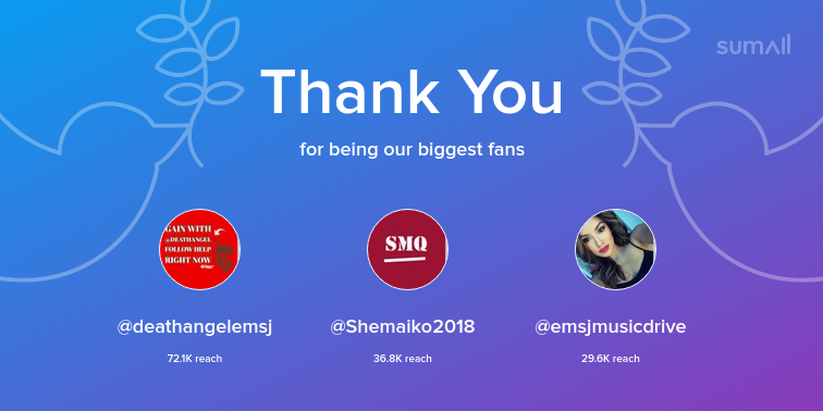 Our biggest fans this week: deathangelemsj, Shemaiko2018, emsjmusicdrive. Thank you! via sumall.com/thankyou?utm_s…