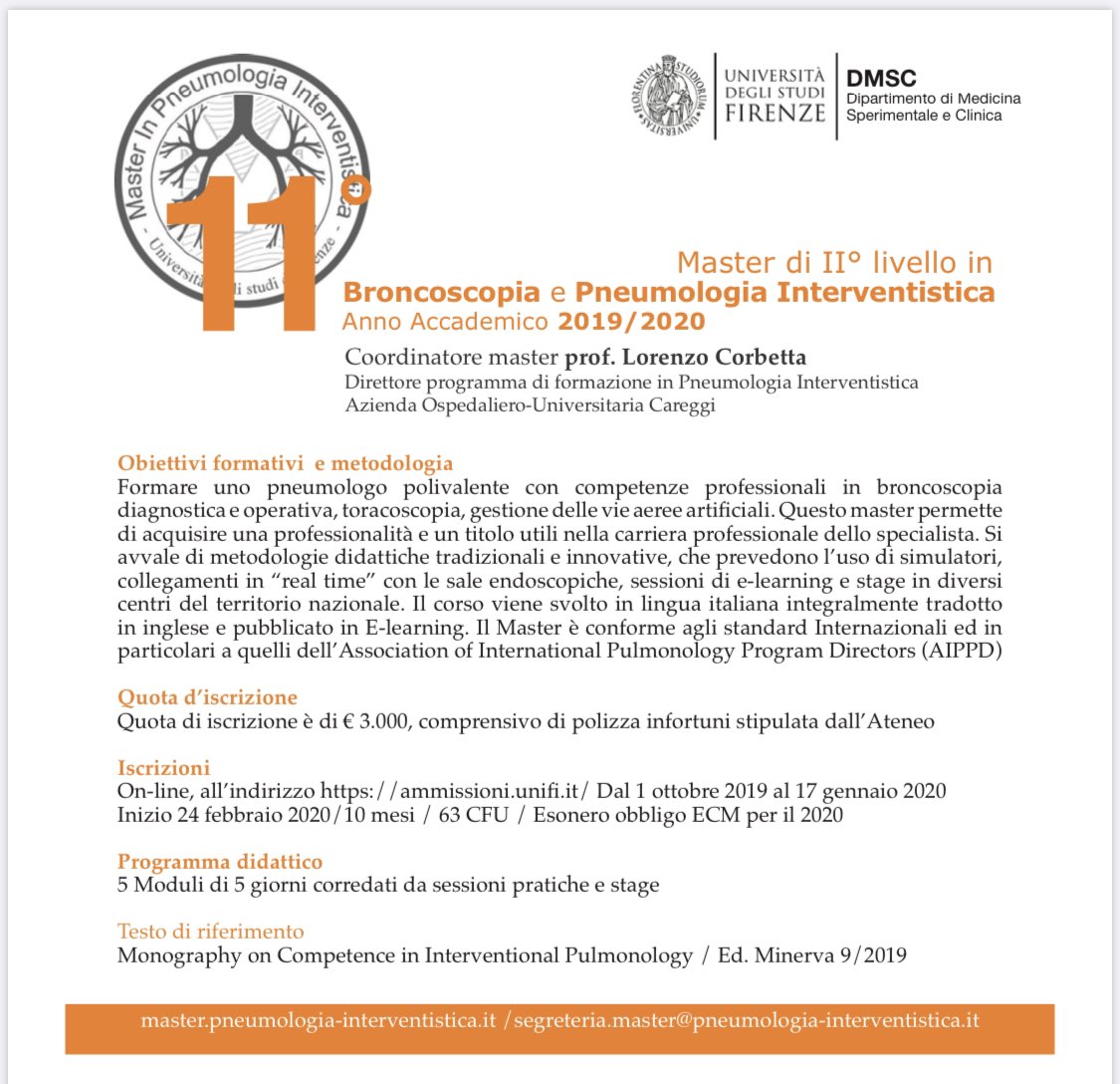 Sono aperte le iscrizioni all’11’ Master di 2’ livello in Broncoscopia e Pneumologia Interventistica master.pneumologia-interventistica.it