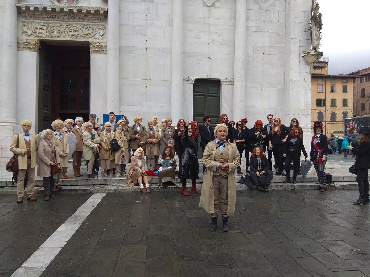 Sneak peek from the #ARMAGETHER at @LuccaCandG 
Behind you can admire the San Michele Church. 
Archangel Michael refused to join us. 
#goodomens #goodomenscosplay #reunion #luccacomicsandgames #crowley #aziraphale #belzeboob #gabriel 
@GoodOmensPrime