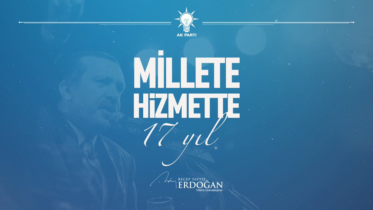 "Her Şey Türkiye İçin!" diyerek çıktığımız yolda, #MilleteHizmette17Yıl'ı geride bıraktık. Bugün de aynı heyecan ve inançla 2023, 2053 ve 2071 hedeflerimize yürümeye devam edeceğiz. 

Hep birlikte nice yıllara, nice zaferlere! <a href="/Akparti/">AK Parti</a>