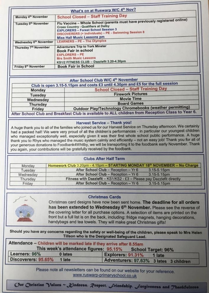 Hope you have all had a great half term, don’t forget - it’s a staff training day on Monday. We will see you all on Tuesday morning!