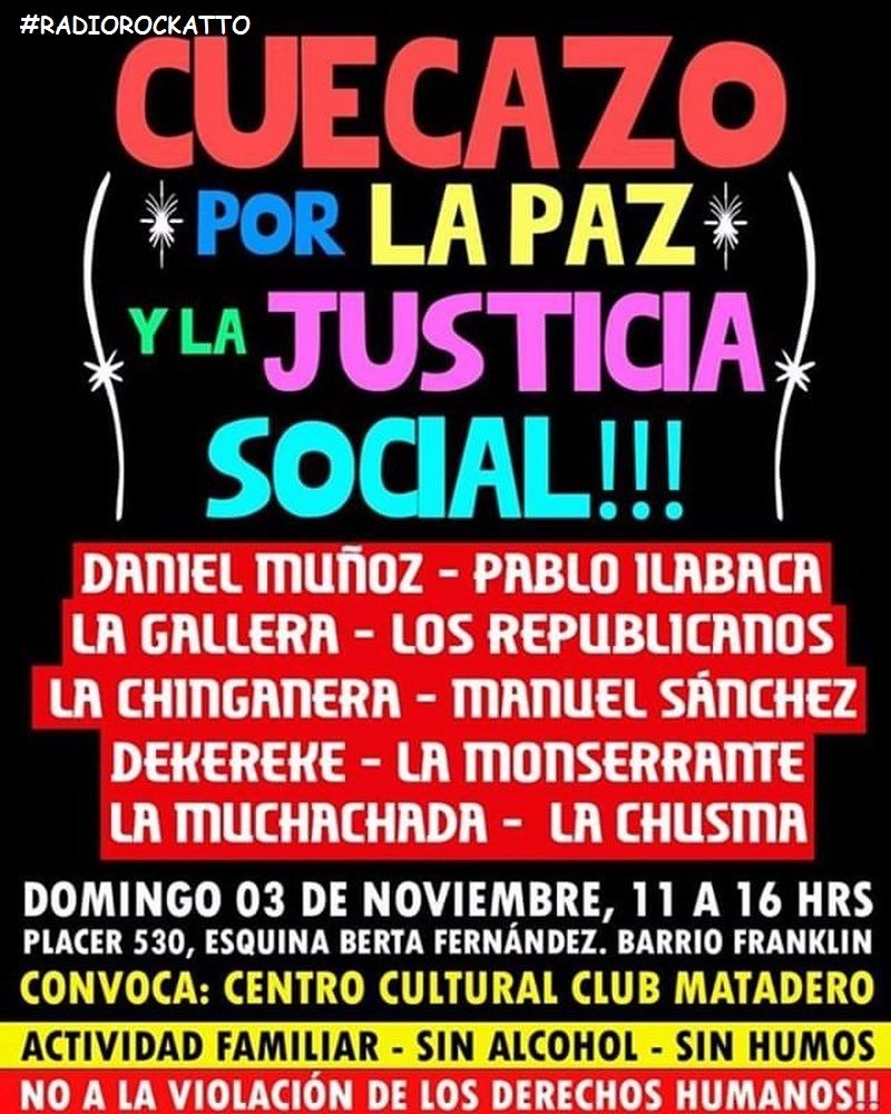 radiorockatto's tweet photo. HOY #ChileNoSeRinde @manugarpez @illapu @LosVasquez_Ofic @saikomusica @inti_illimani @quilapayun @lostres @Benjawalker @tatabarahona , #CuecazoxlaPAZyJusticiaSocial @republicuecas @LaGalleraCueca @lachinganera y #QueNoNosCallen @fakuta @gepegepegepe @ninosdelcerro @lenwaduraptdg https://t.co/2FOb8iv0gH