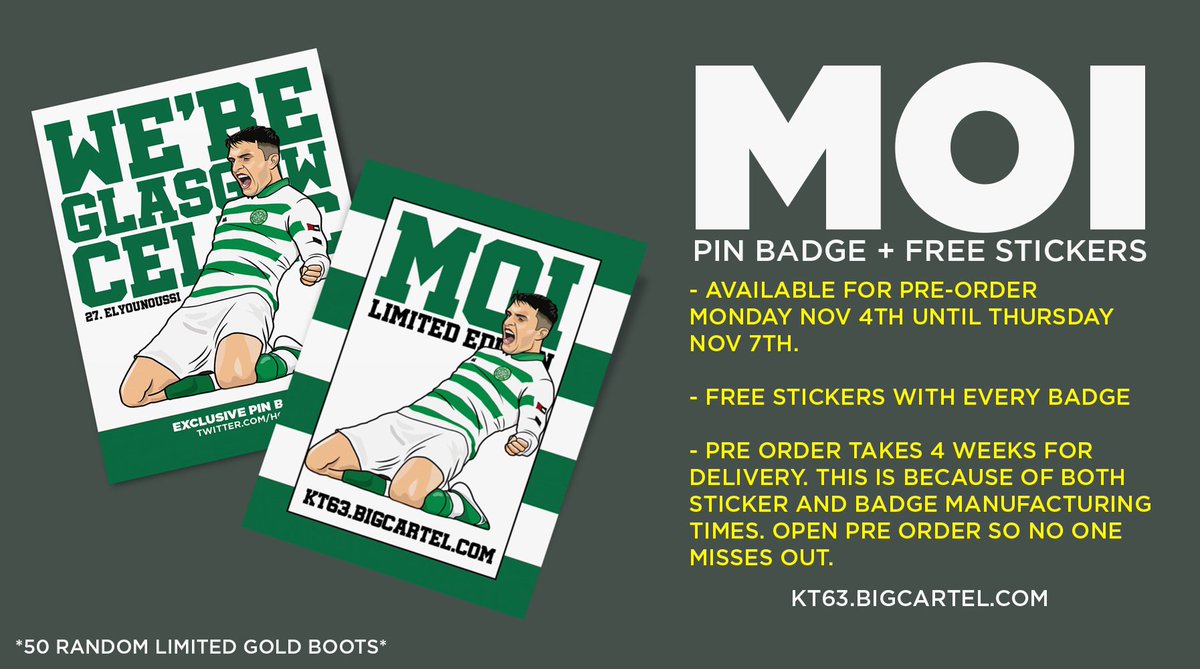 Hoidy's tweet photo. 📢 Moi Elyounoussi: Announced 

Pre-Order Monday 4th of November 

- 10 free stickers with every badge order
- backing card included
- pre order 4 weeks for delivery
- 50 random badges with gold boots

Competitions to win badges coming up later

https://t.co/uocXCAJedG https://t.co/AvYFWyUoyD
