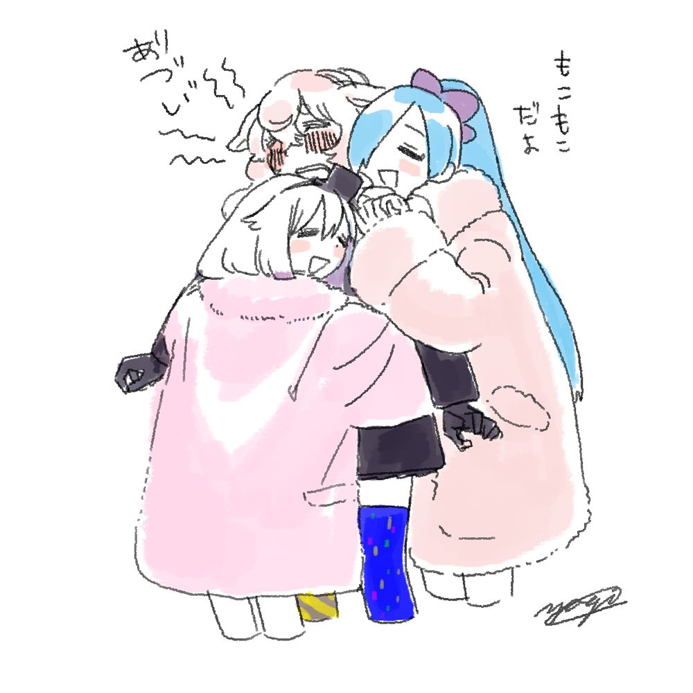 multiple girls 3girls blue hair hug blush ponytail pink hair  illustration images