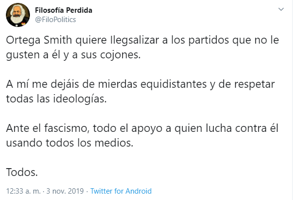 Izquierda: un señor pidiendo que se ilegalice a Vox 
Derecha: el mismo señor diciendo que el que Vox pida ilegalizar al PNV es fascismo
Me encanta el olor a autozascas por la mañana.