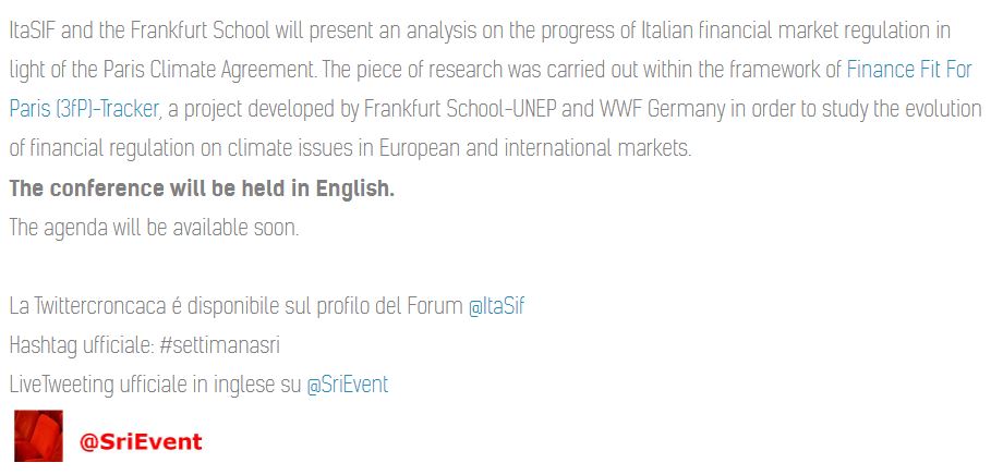 SriEvent's tweet photo. #SriAgenda -10 🗓 #Nov13 #Milan

Greening the financial market regulation - presentation of #3fPTracker Project "@ItaSIF w/ @FrankfurtSchool 

w/in 
▶ #settimanasri ◀ 
https://t.co/AHOPnnF0Ju 

@UlfMoslener @Karsten_Loe @SFL_nl @NVJRobins1 @AndreasHoepner #ItalianSRIweek https://t.co/quOU0I5BD8