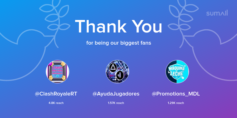 Our biggest fans this week: ClashRoyaleRT, AyudaJugadores, Promotions_MDL. Thank you! via sumall.com/thankyou?utm_s…