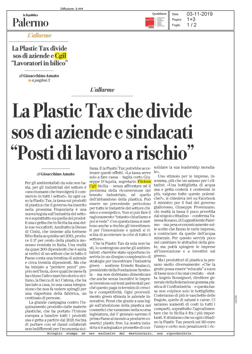 filctemcgilsr's tweet photo. #PlasticTax: Tassa per fare cassa senza badare ai lavoratori che rischiano posti di lavoro."Chiudiamo e poi si vede"non immaginando una conversione industriale è peggiorativo su tutti i fronti.Repubblica di oggi. #dallapartedeilavoratori #filctemcgilsiracusa #filctemcgil #cgil https://t.co/rrKBJwrOU3