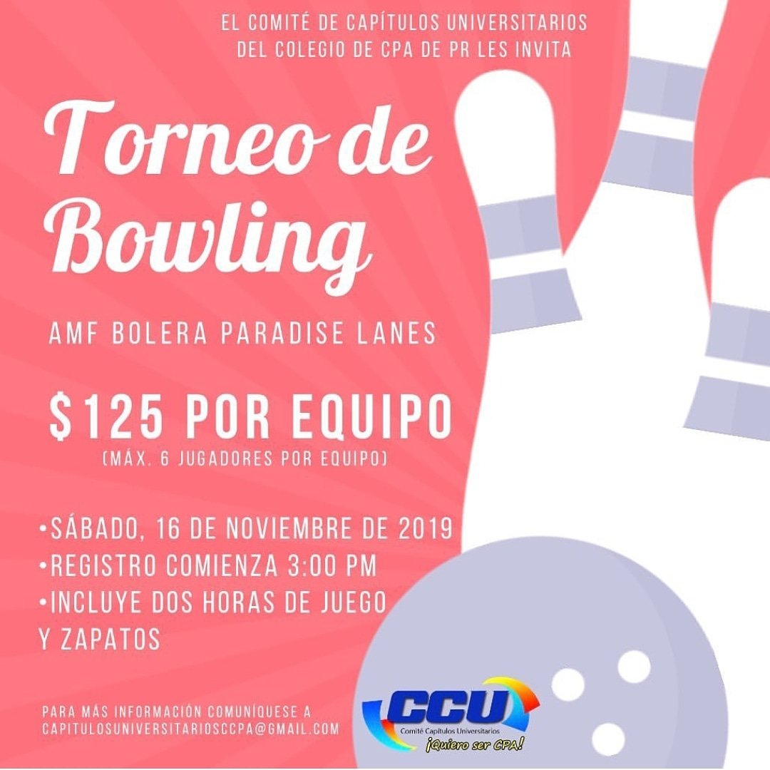 asec_uprb's tweet photo. ¡Buenas tardes miembros!🤠 El Comité de Capítulos Universitarios del Colegio de CPA les invita al Torneo de Bowling🎳, el sabado 16 de noviembre. Si te interesa participar comunícate con uno de los miembros de la directiva. ¡No te lo pierdas! #AsecUPRB https://t.co/VKycLJjG3Q