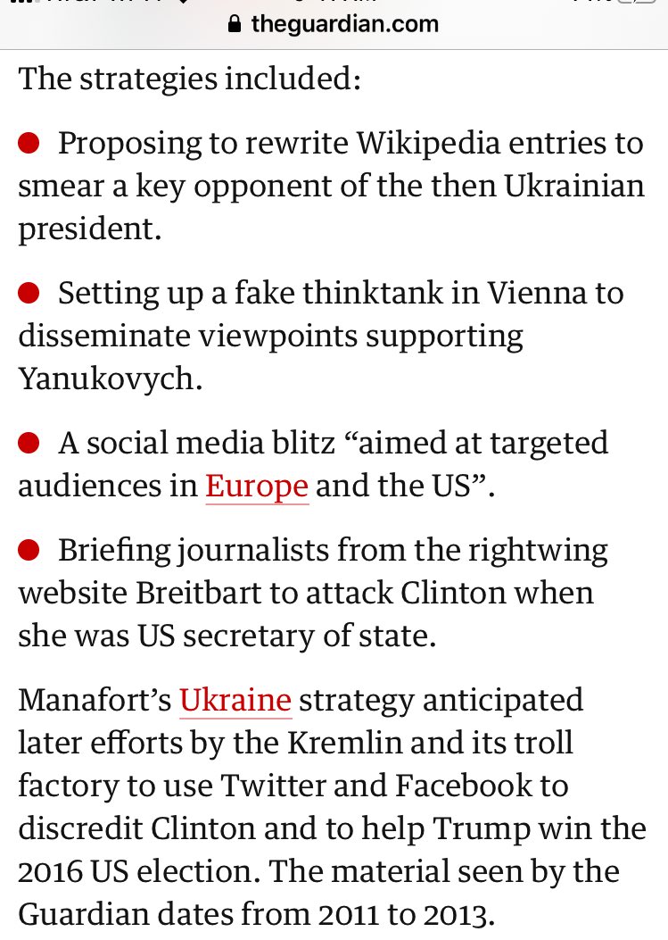 1/ MANAFORT THE FIXER: Read the above  @guardian report and see just how busy Manafort was in orchestrating the character assassination of Yanukovych’s female competion: a competent experienced woman who didn’t have Yanukovych’s prison record.