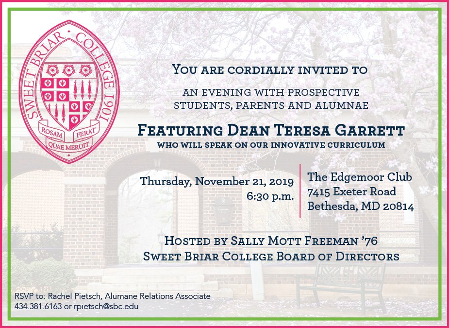 sbcalumnae's tweet photo. Holla Holla! @SweetBriaredu #Alumnae in the Bethesda area, join #SweetBriar Dean @teresaagarrett NOV 21, 6:30pm.
Upcoming events include:
NOV 12 | Baltimore
NOV 13 | Williamsburg
NOV 14 | Norfolk
NOV 20 | Philadelphia
RSVP/More info: Rachel Pietsch - rpietsch@sbc.edu https://t.co/wFQdzQsfkr